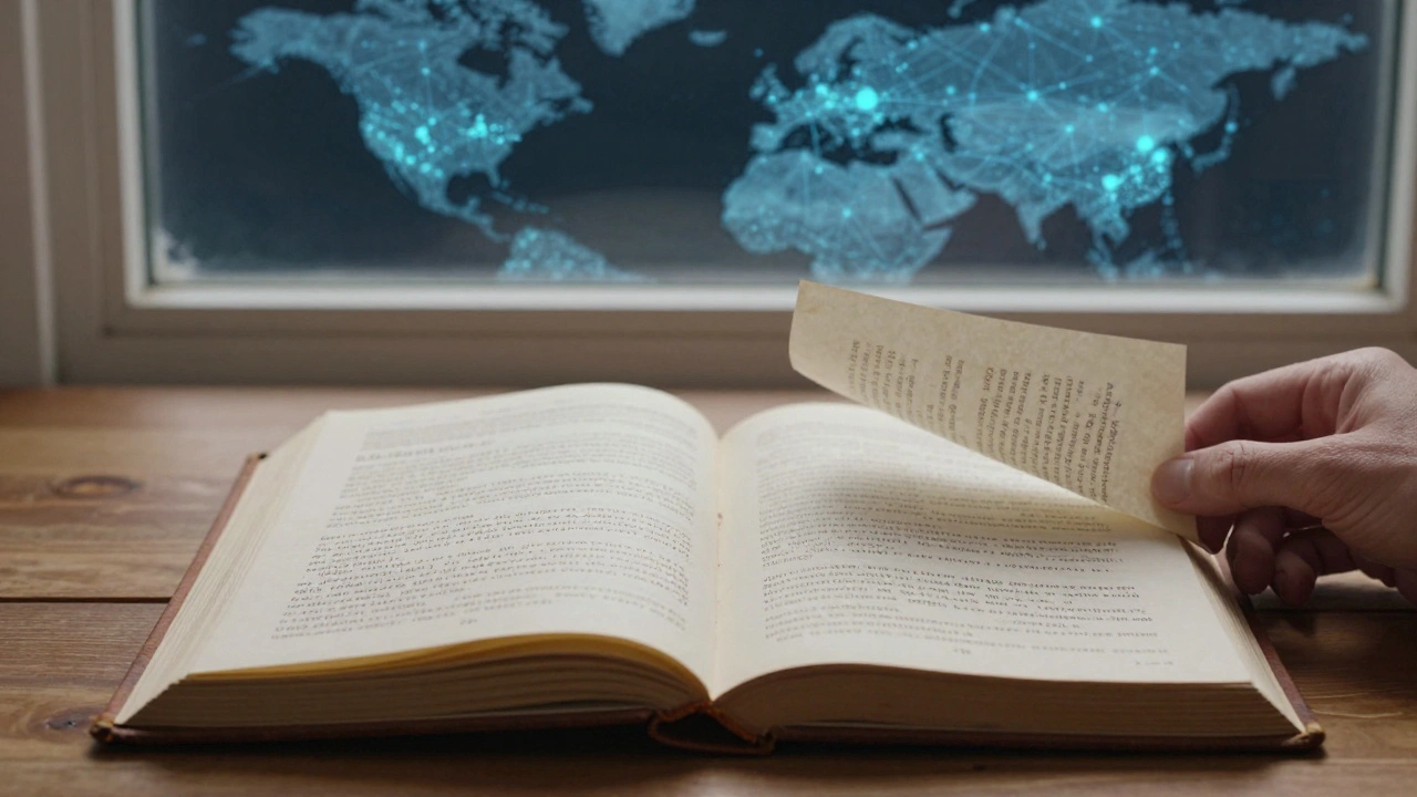 An open archive book filled with Wikipedia edit records, beside a window showing a glowing network of global connections.