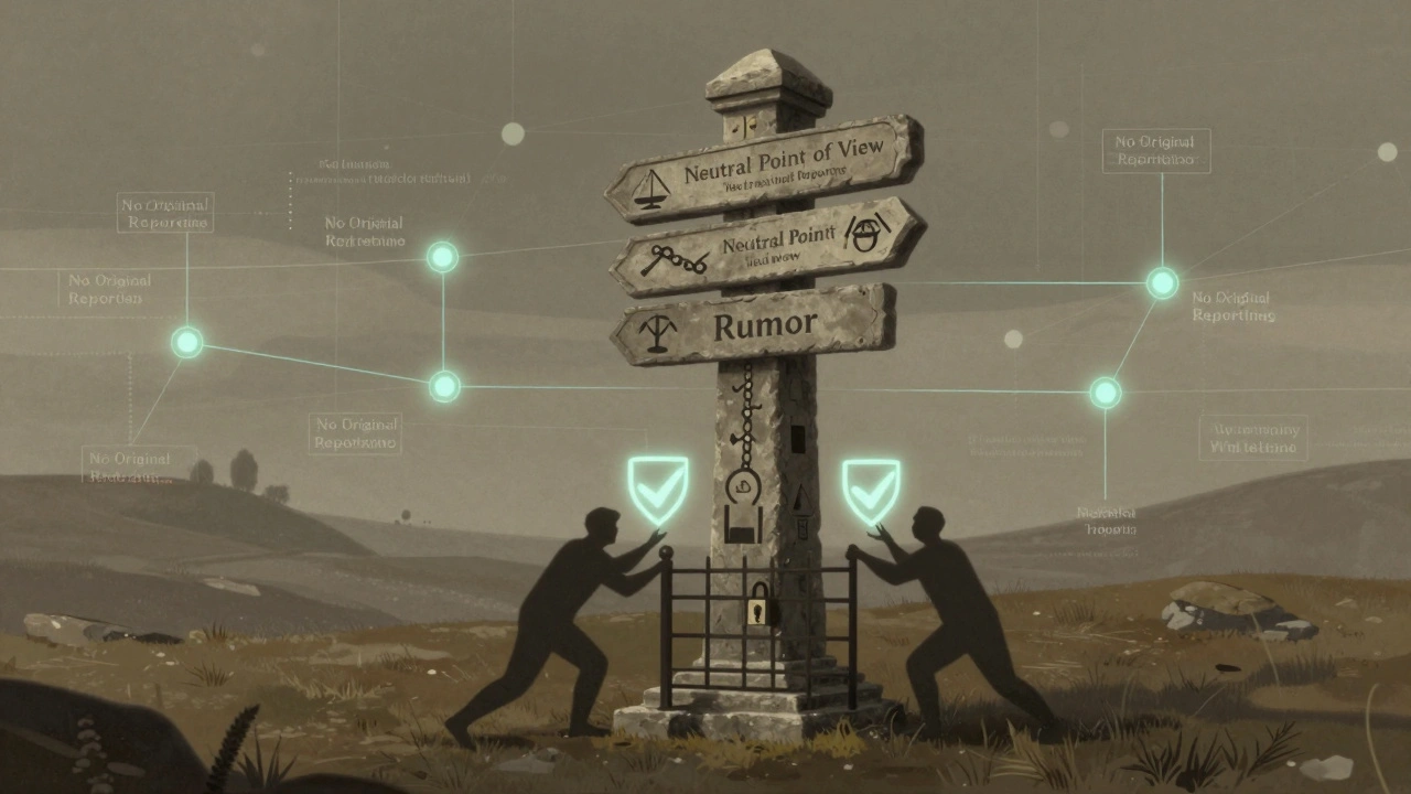 Ancient signpost in a digital landscape rejecting unverified claims with glowing verification symbols.