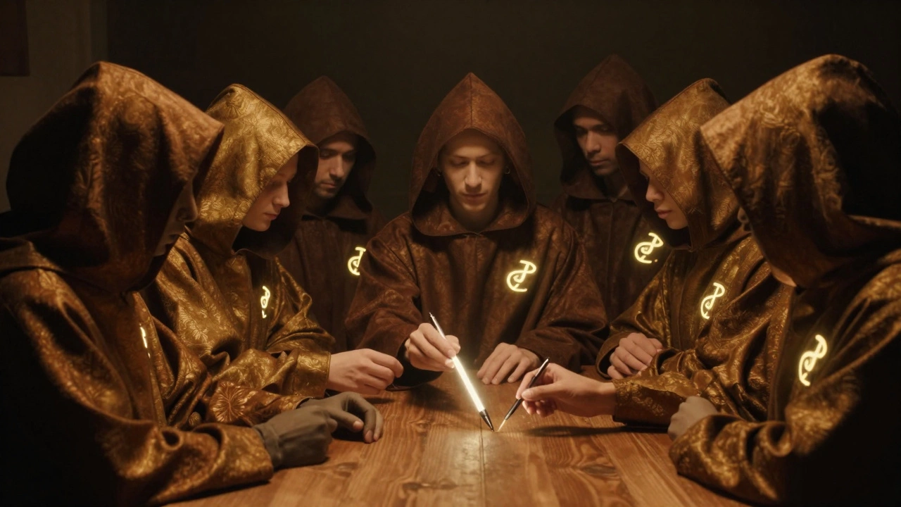 Anonymous editors passing a pen across a table, symbolizing collaborative restoration.