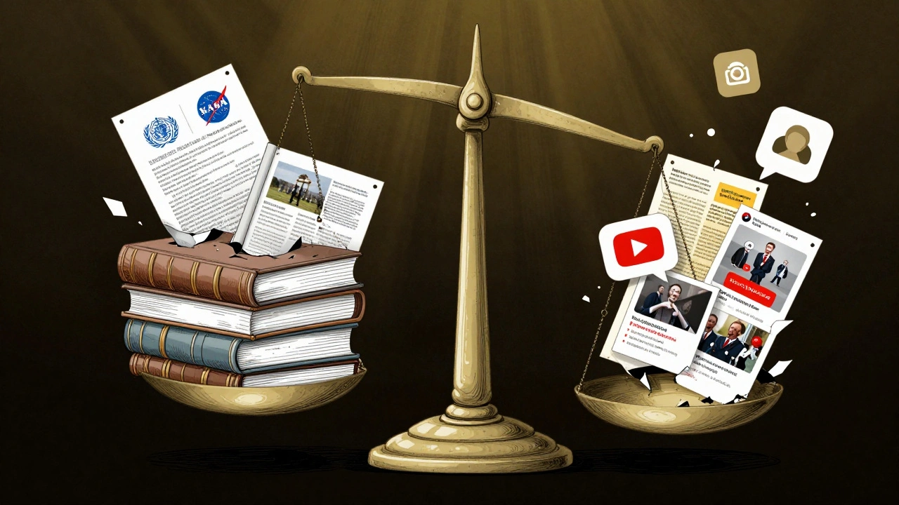 Balance scale tipped by academic sources against crumbling conspiracy theory icons.