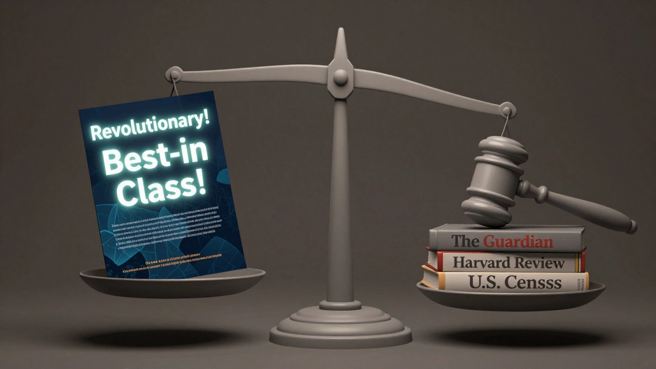 Balance scale weighing promotional material against credible academic sources, with a gavel on top.