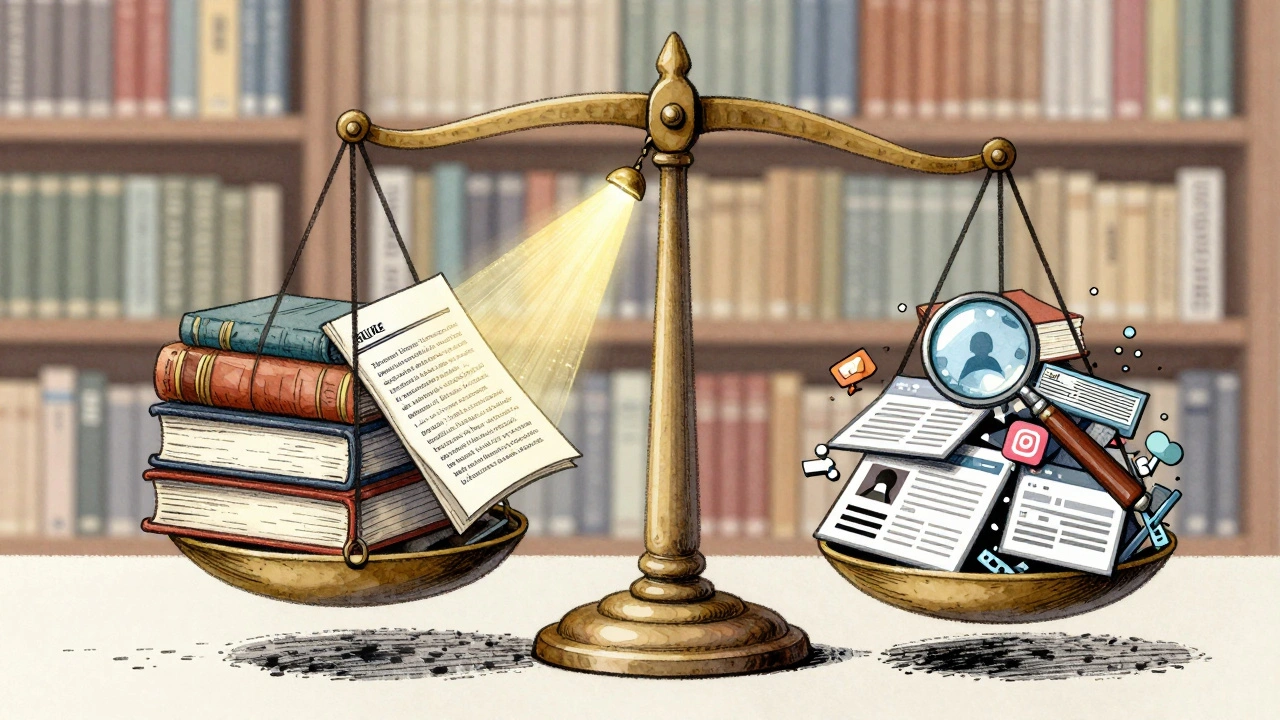 Balance scale with academic sources outweighing blogs and social media, illuminated by a golden light on a peer-reviewed journal.