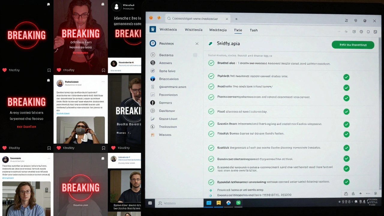 Chaotic social media vs. orderly Wikipedia verification interface in split screen.