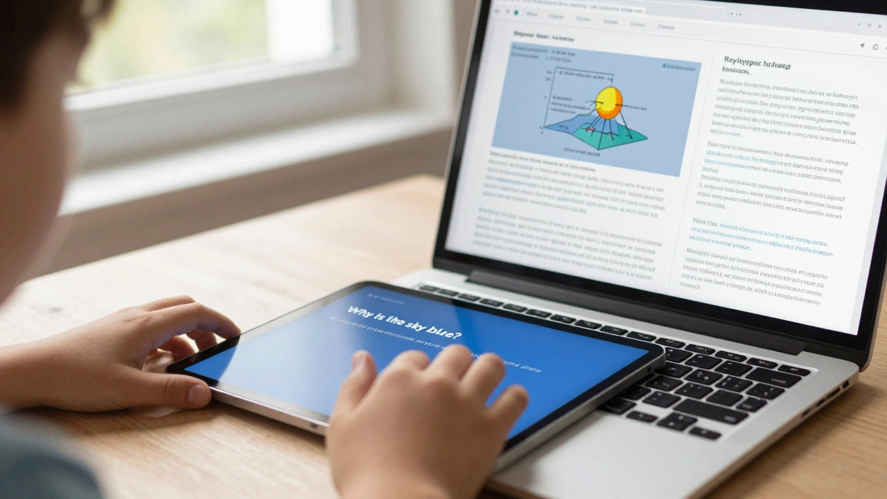 Child's hand above an AI answer on tablet, next to laptop showing full Wikipedia article with diagrams.