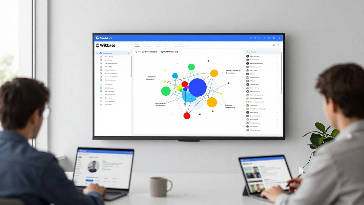 City staff and resident interacting with a public contracts knowledge graph dashboard.