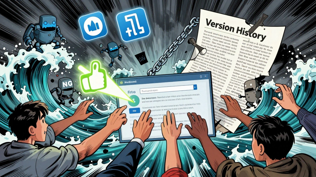 Comic-style battle between edit chaos and MediaWiki bots defending article integrity.