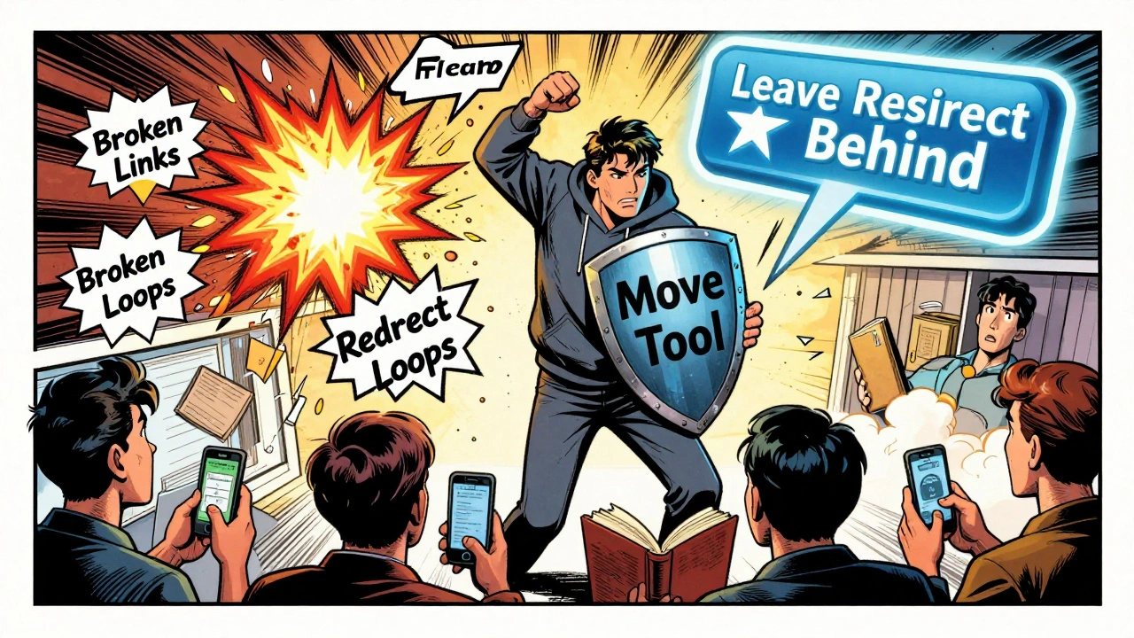 Comic-style editor using move tool to avoid broken links while readers look on anxiously