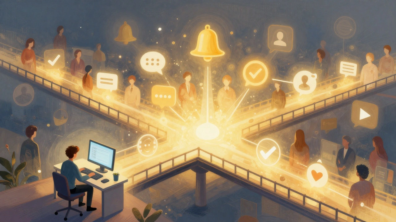 Conceptual bridge of notification icons connecting editor to Wikipedia community.