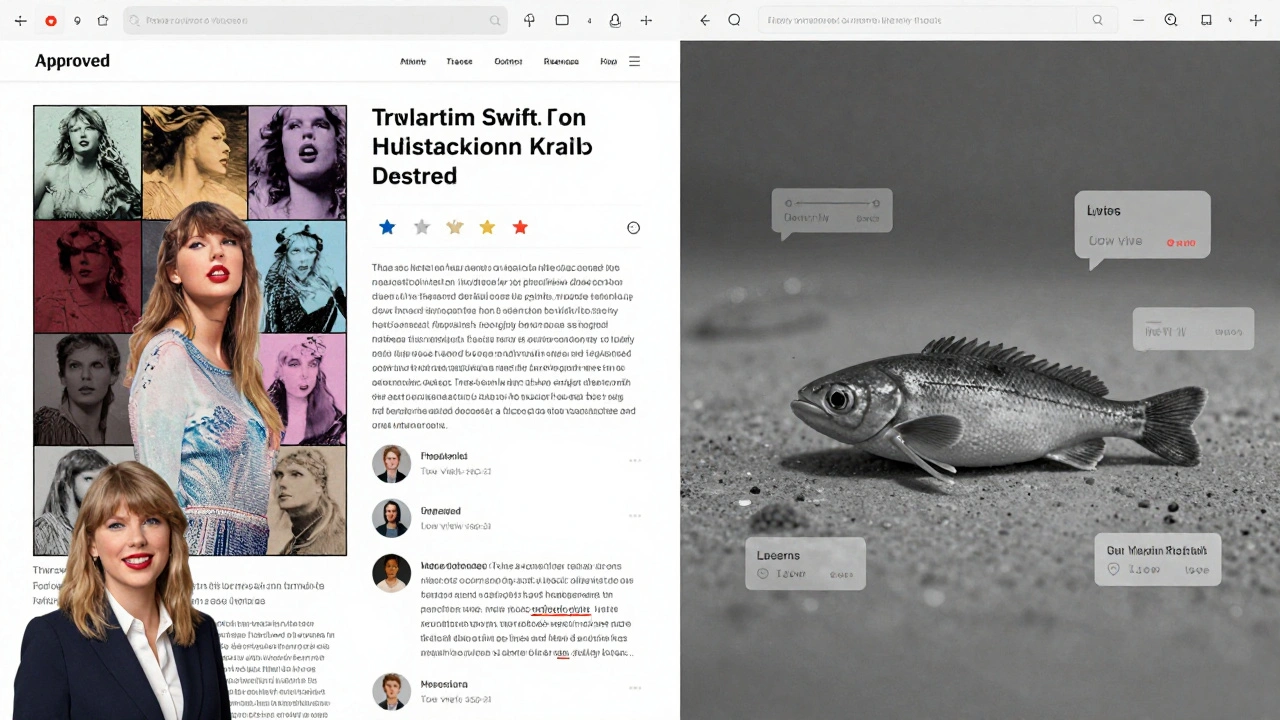 Contrasting scenes: a popular celebrity article being approved versus a scientific update ignored in the backlog.