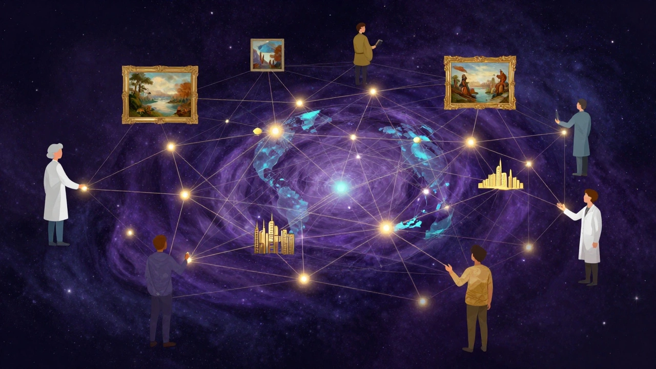 Cosmic web of interconnected knowledge entities with diverse contributors adding data points.