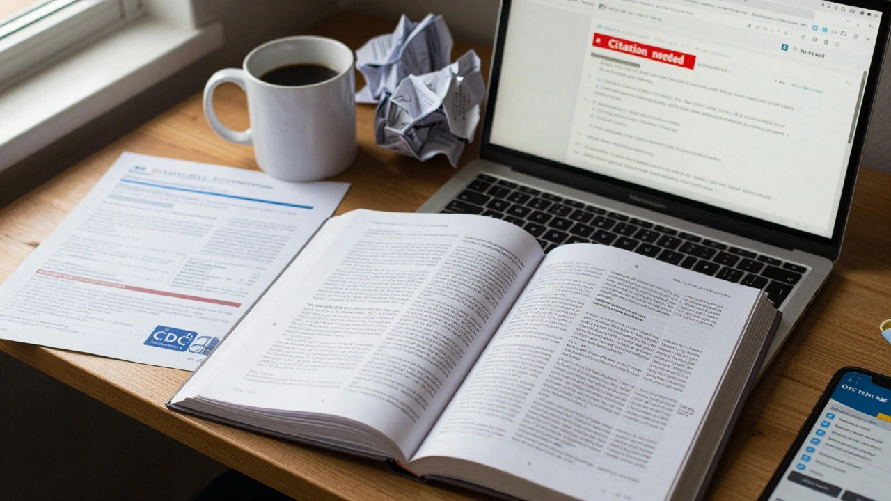 Desk with verified sources and a 'Citation needed' tag on a Wikipedia edit screen.