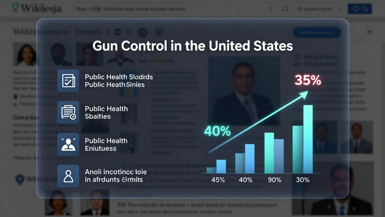 Digital overlay on a Wikipedia page showing increasing references to public health studies and self-defense statistics with animated data arrows.