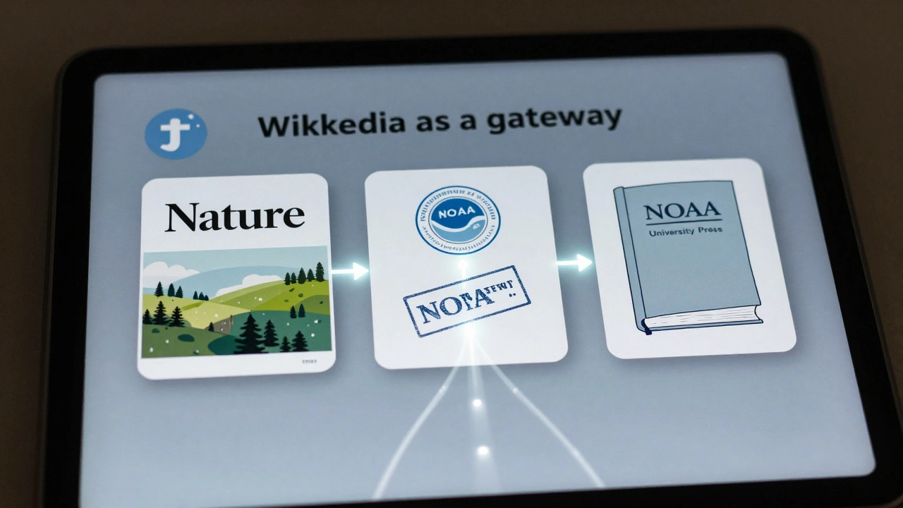 Digital pathway from Wikipedia icon to peer-reviewed journal, government report, and university book.