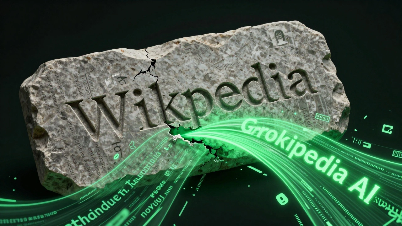 Digital stream erasing cultural history from a crumbling stone tablet labeled Wikipedia.