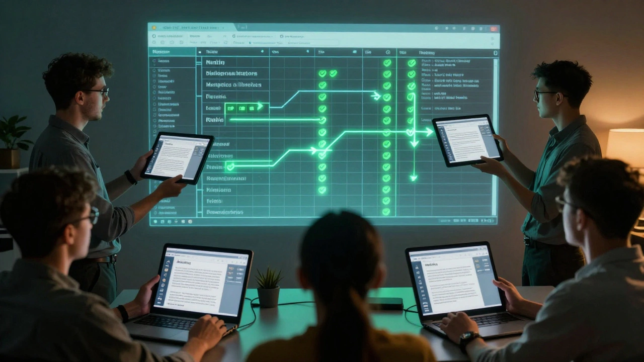 Diverse editors collaborating around a holographic spreadsheet mapping article sections across disciplines.