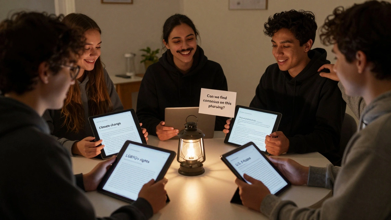 Diverse editors collaborating peacefully around a table, one offering a note about finding consensus.