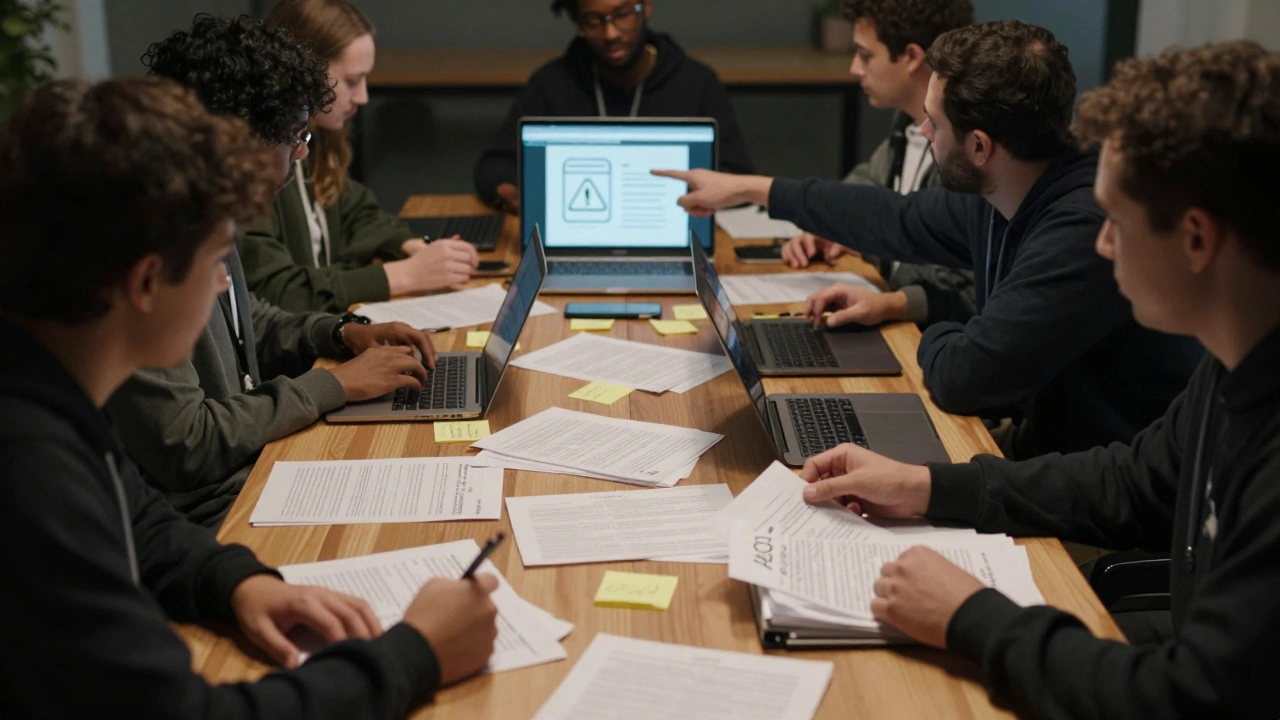 Diverse editors gathered around a table reviewing policy drafts, one pointing to an AI warning icon on a screen.