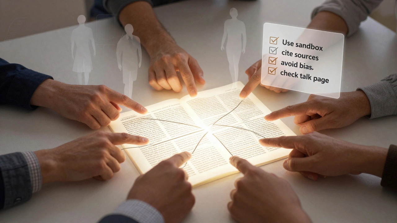 Diverse hands collaborating around a glowing Wikipedia page, connected to reliable sources, with ghostly reverts fading in the background.