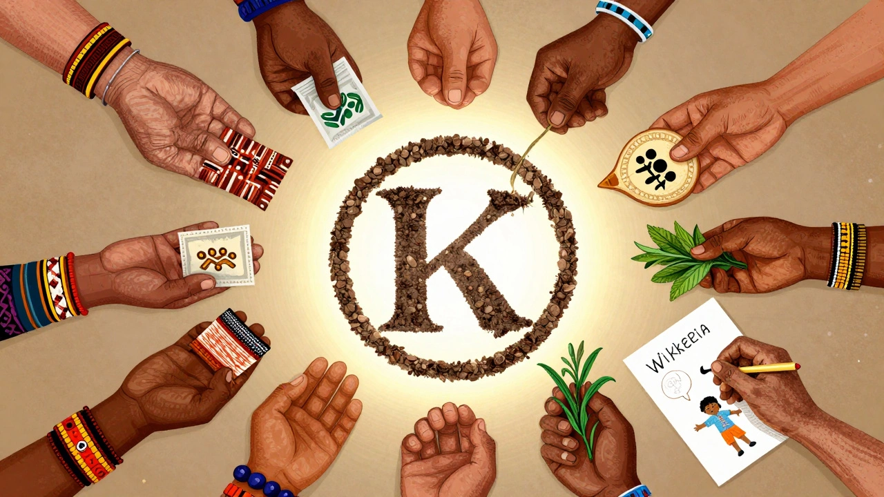 Diverse hands holding cultural knowledge fragments assembling into a glowing Wikipedia logo, symbolizing community-driven preservation of local wisdom.