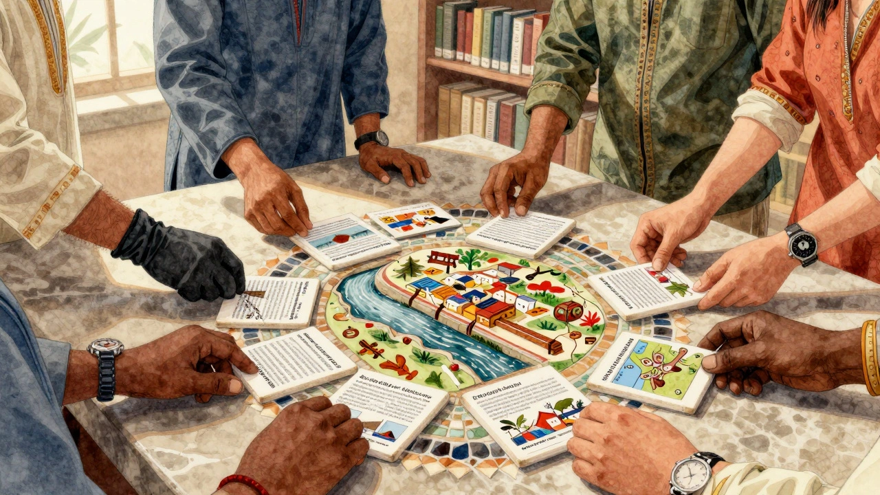Diverse hands placing cultural Wikipedia articles into a growing mosaic, symbolizing global knowledge diversity.