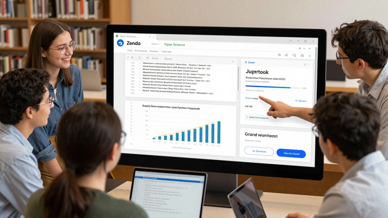Diverse researchers examining a shared Wikipedia dataset on a touchscreen with GitHub and Zenodo links visible.