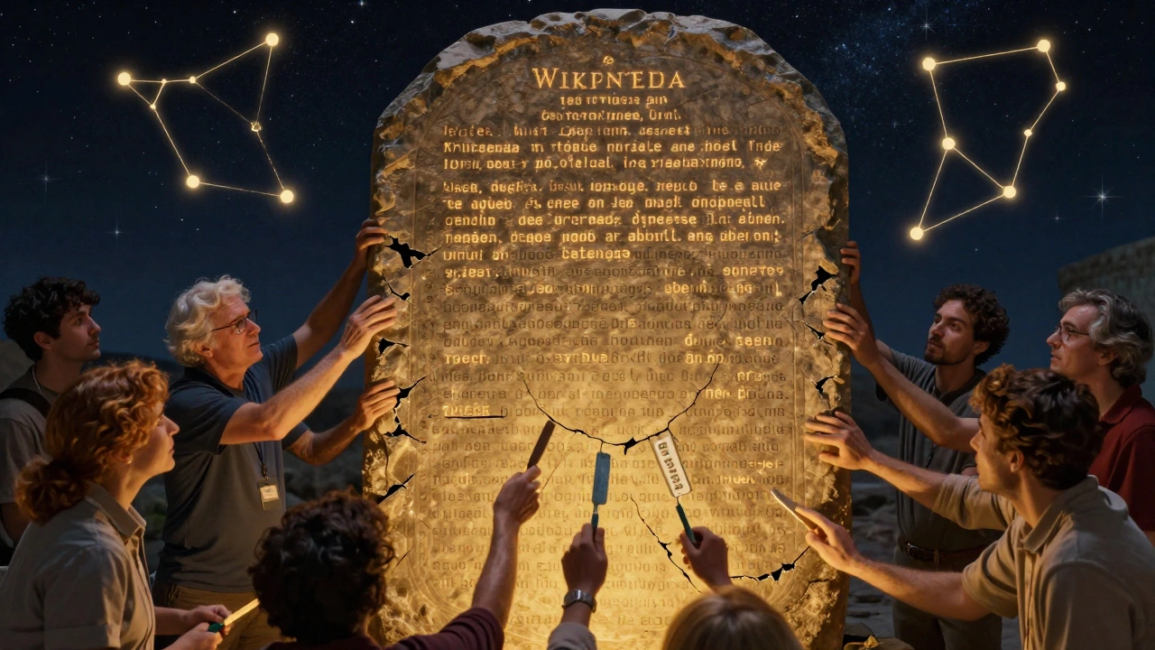 Diverse volunteers repairing a glowing stone tablet inscribed with Wikipedia policies under a starry sky.