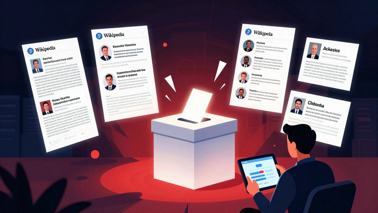 Dramatic comic-style scene of a Wikipedia election with ballot box and floating edit histories under bold red and blue lighting.