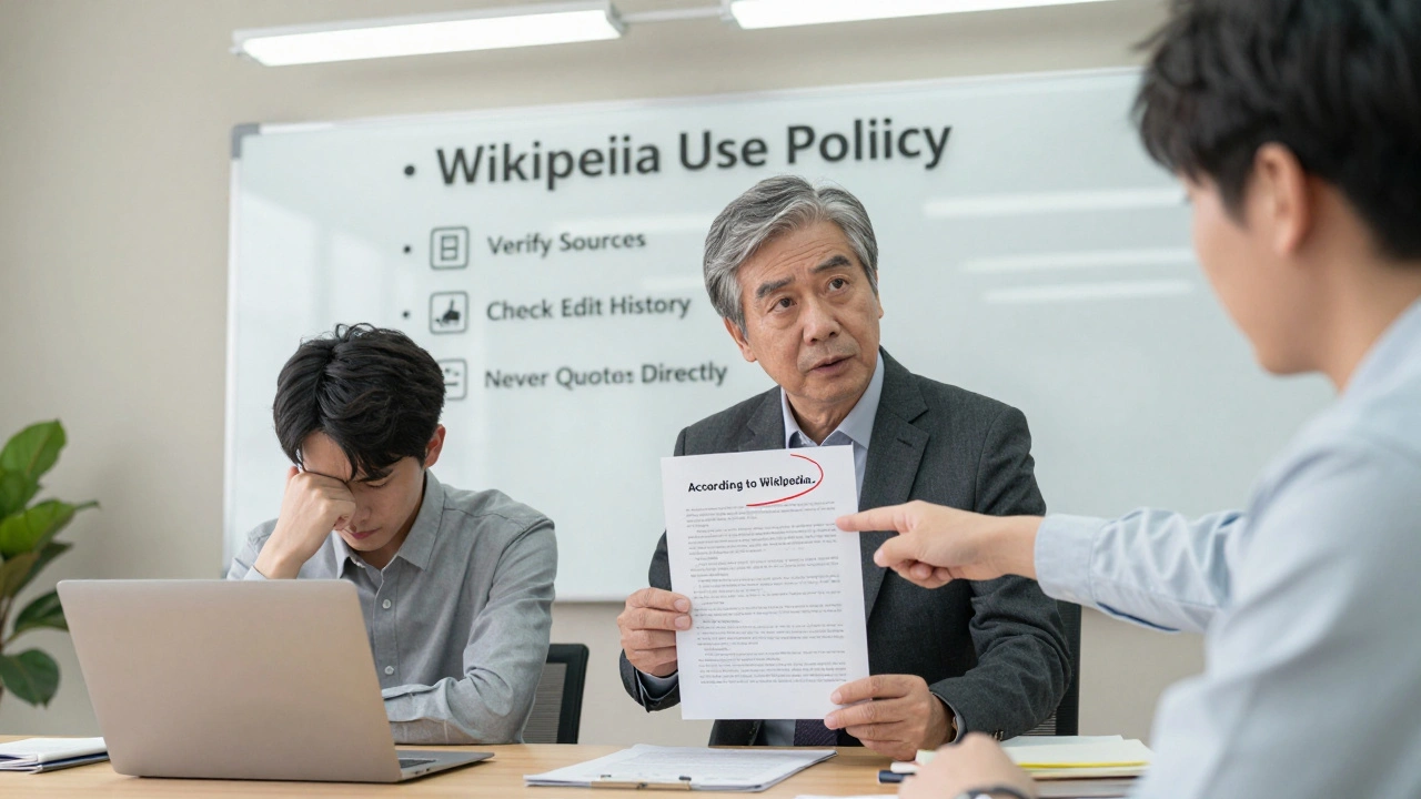 Editor pointing at article citing Wikipedia, with policy checklist visible on whiteboard.