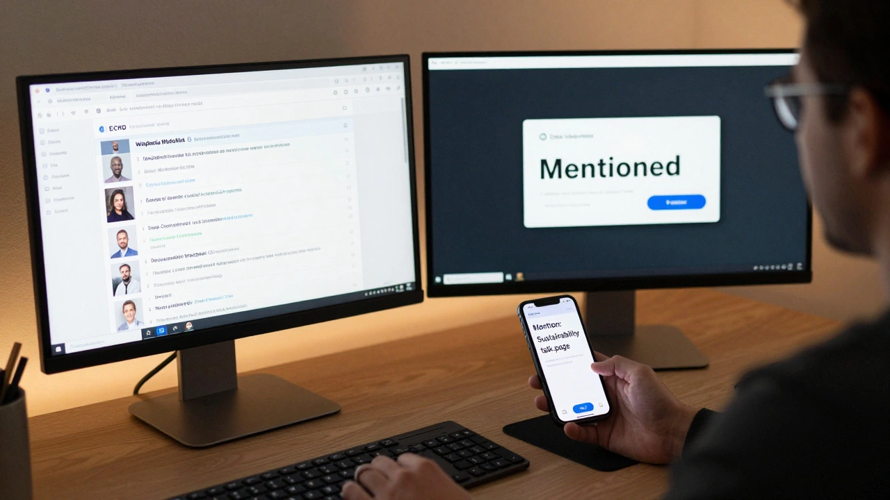 Editor working with Wikipedia Watchlist and mobile notification alert.