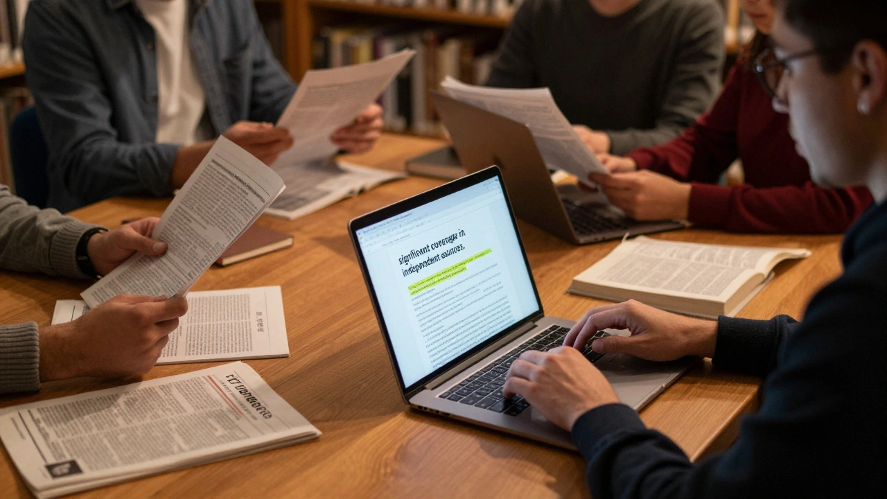 Editors in a library reviewing sources for Wikipedia articles under warm lamplight.