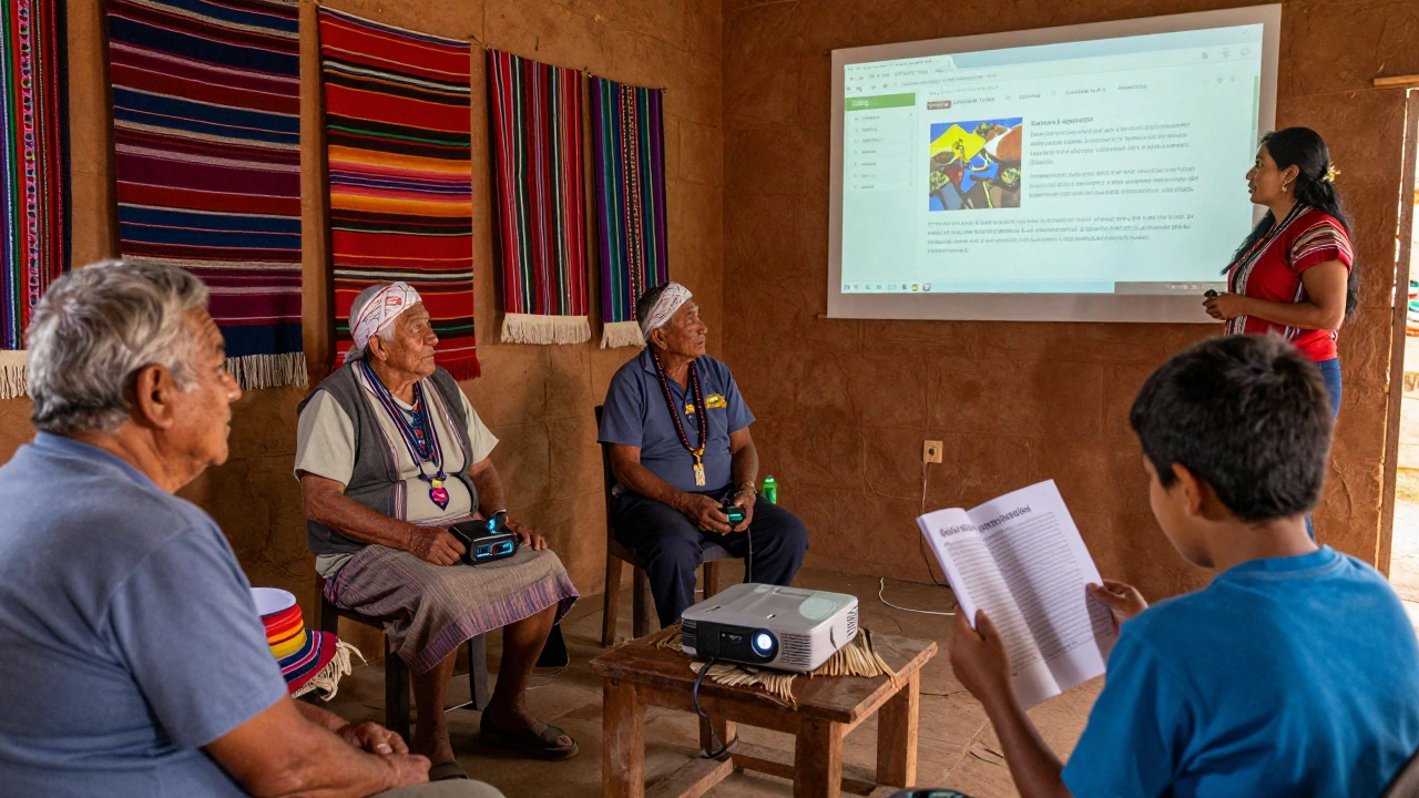 Elders in Paraguay sharing oral histories to contribute to Guarani Wikipedia, with a teacher projecting articles.