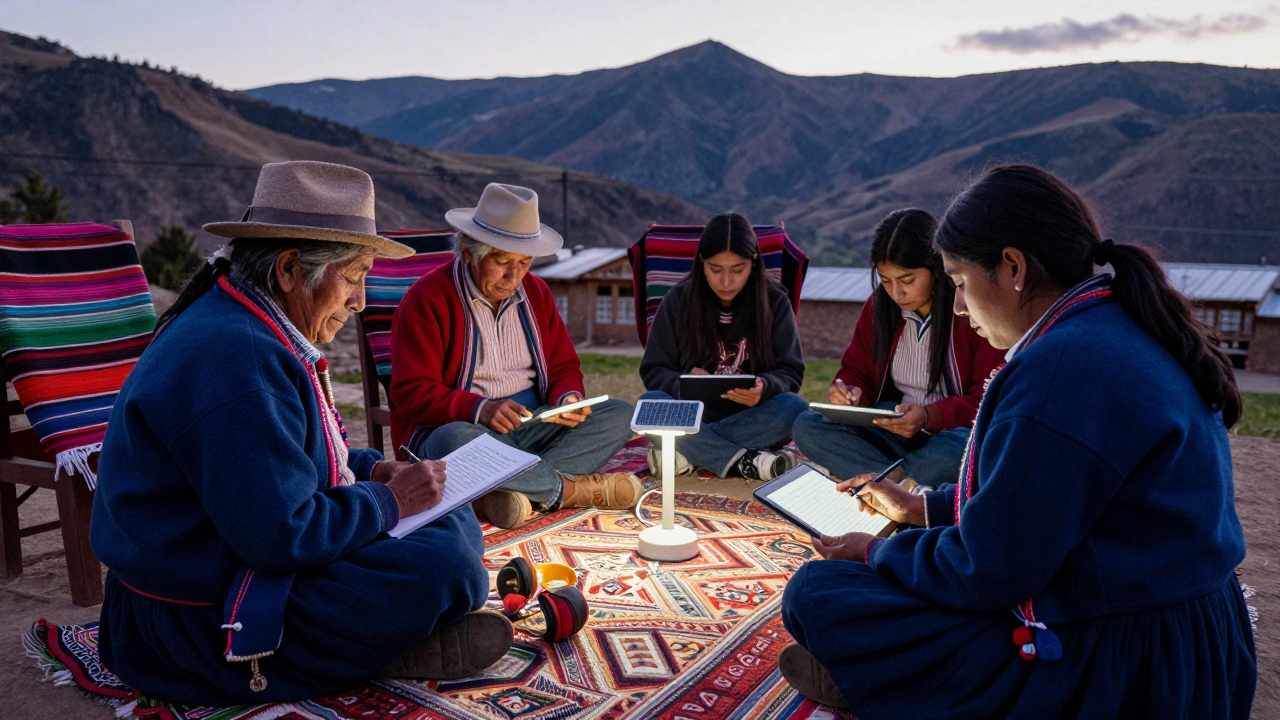 Elders in Peru share oral history with youth typing into tablets under a solar lamp.