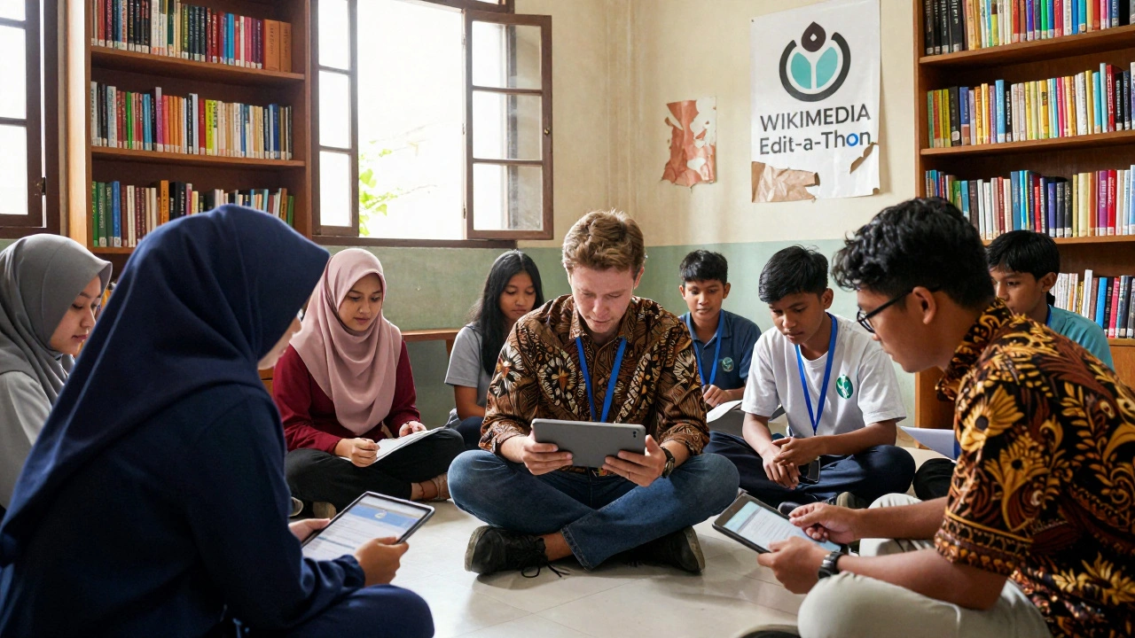 Erik Möller leads a diverse group of volunteers editing Wikipedia on a tablet in Jakarta.