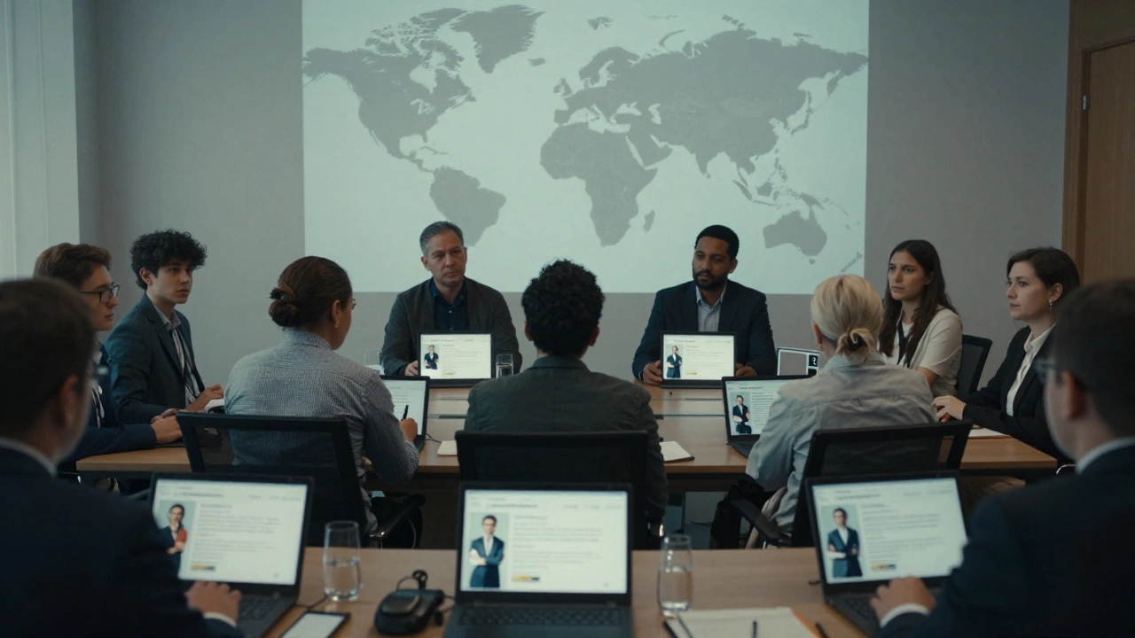 Fifty people from around the world reviewing Wikipedia policy proposals in a modern conference setting.