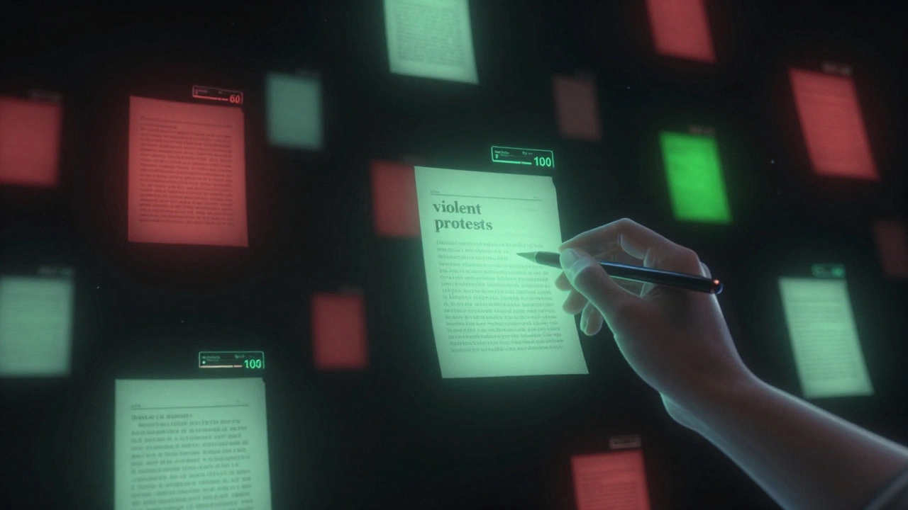 Floating Wikipedia articles with neutrality scores, one being edited to replace biased language, in a cosmic digital library setting.