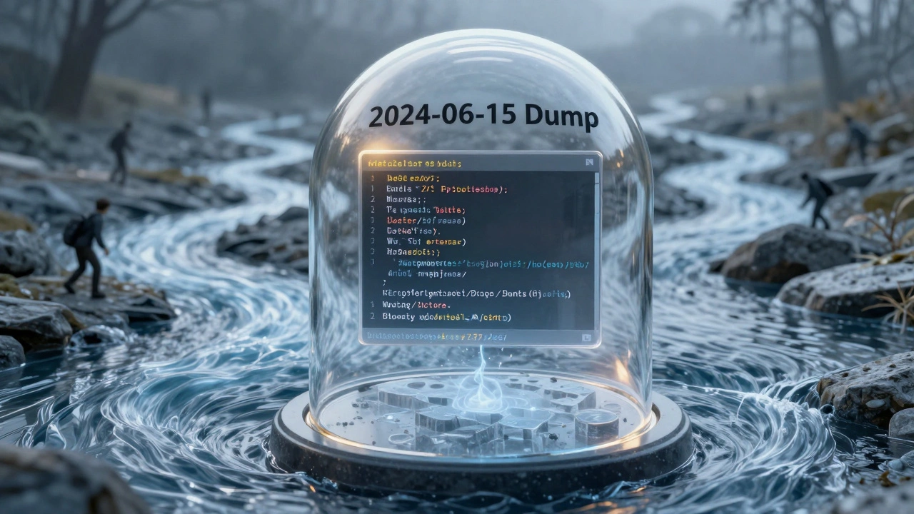 Frozen Wikipedia data dump under a glass dome while other edits flow chaotically around it.