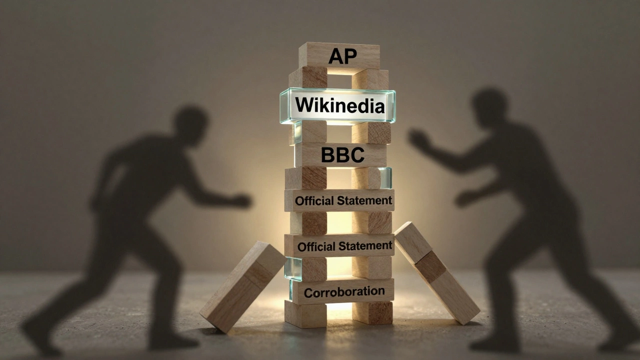 Glass tower of trust built with verified news sources, resisting rumor attacks.