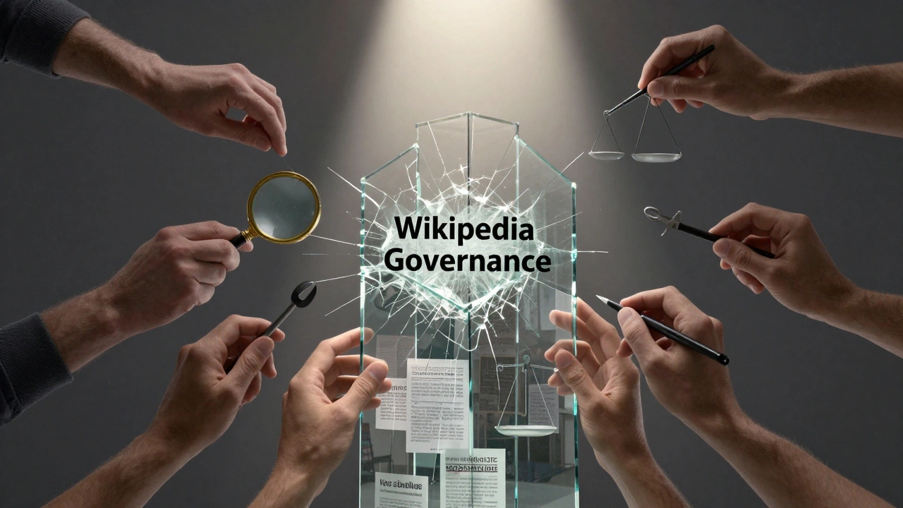 Glass tower of Wikipedia governance being repaired by anonymous hands, with cracks revealing hidden controversies below.