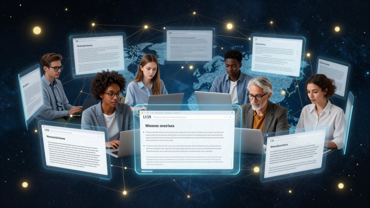 Global editors collaborating via holographic AI tools on multilingual Wikipedia articles.