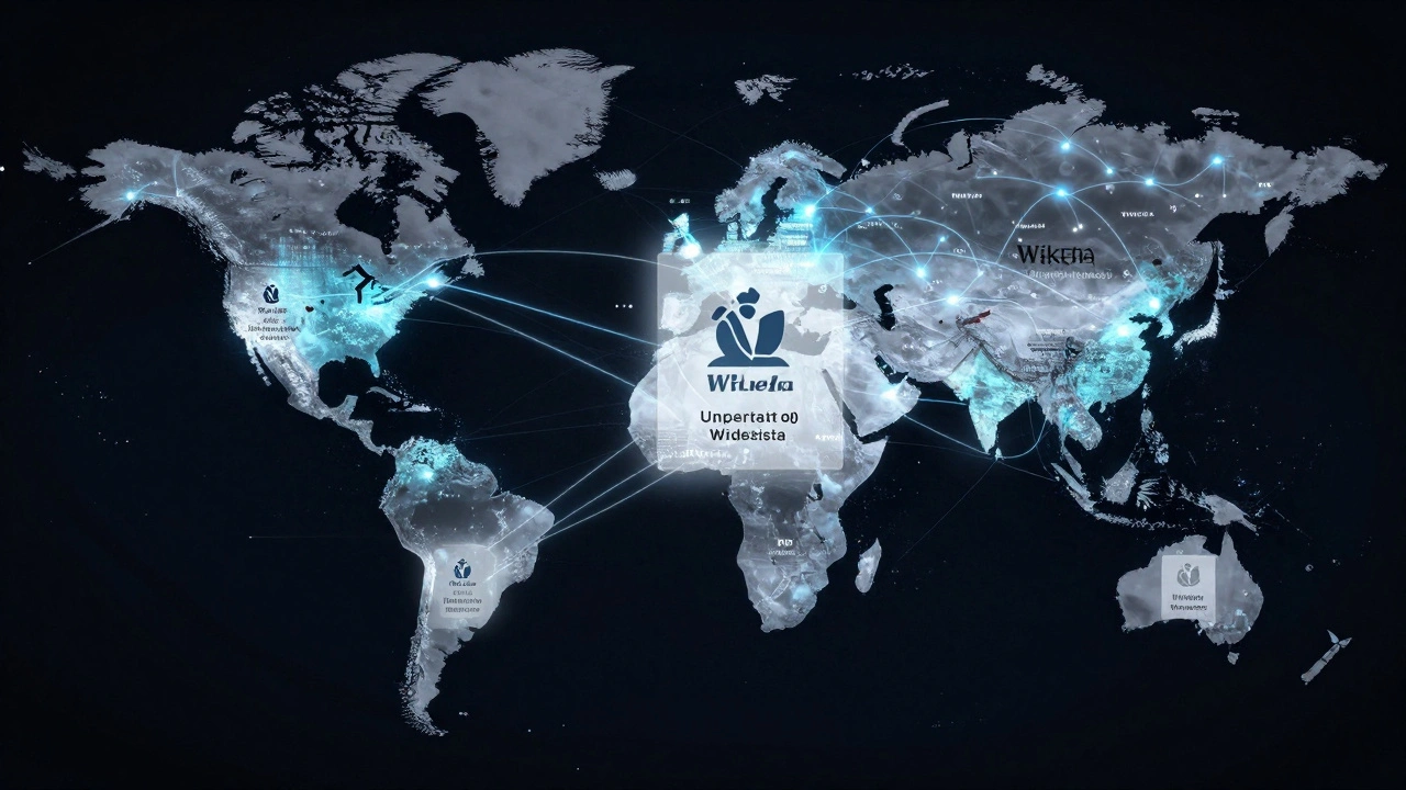 Global map showing interconnected nodes of Wikidata citations across universities and Wikipedia editions.