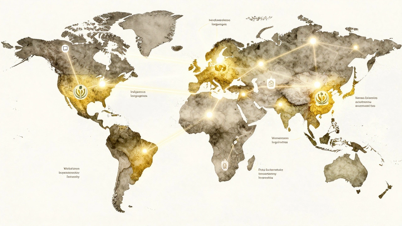 Global map with glowing links connecting universities to Wikipedia articles on underrepresented topics.
