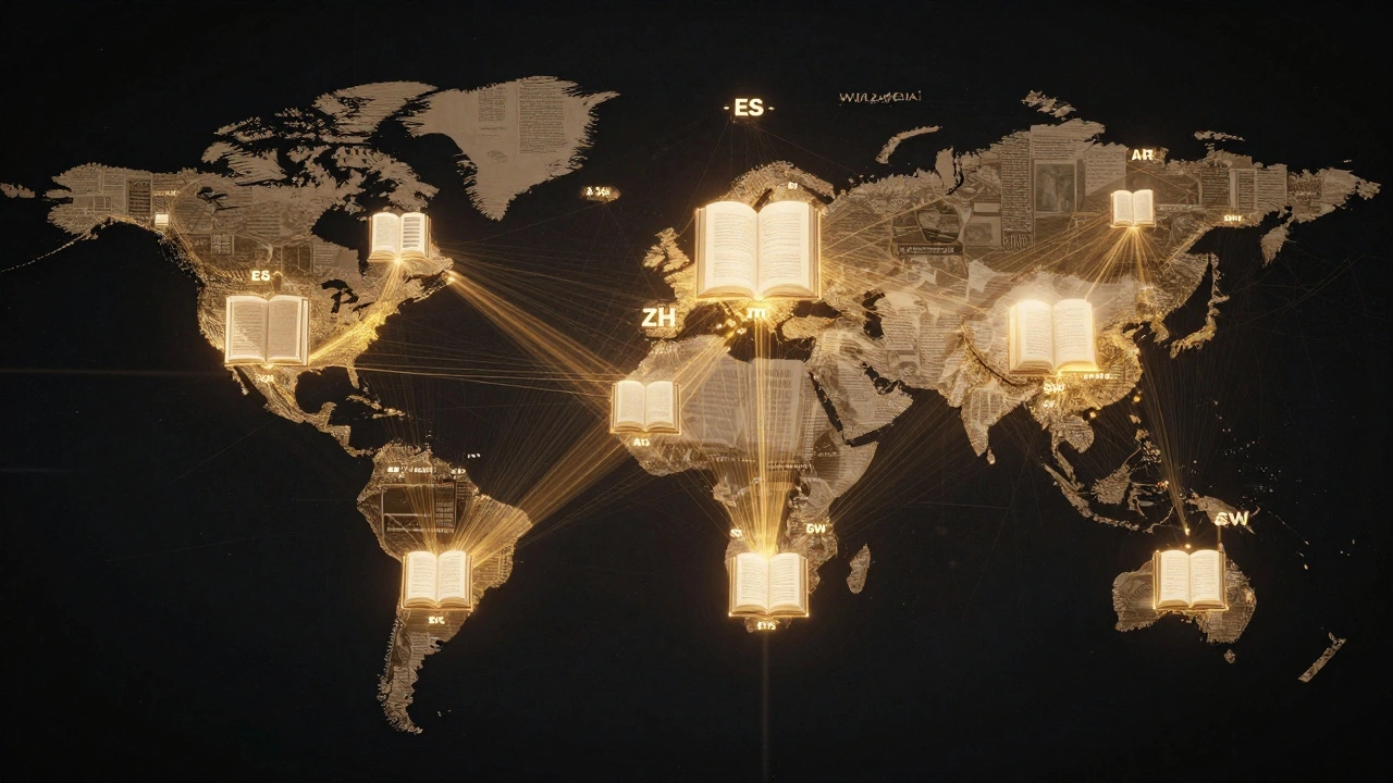 Global network of language nodes connected by light beams, symbolizing multilingual data synchronization.