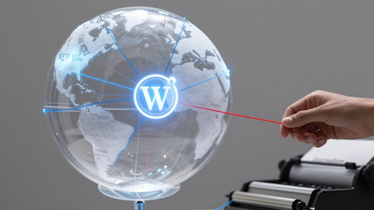 Globe connected by threads to Wikipedia, symbolizing how newsrooms rely on crowd-sourced information.