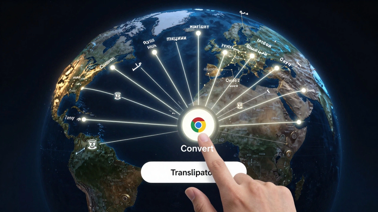 Globe with glowing connections from non-Latin scripts to their standardized Latin spellings, labeled with Wikipedia icons.