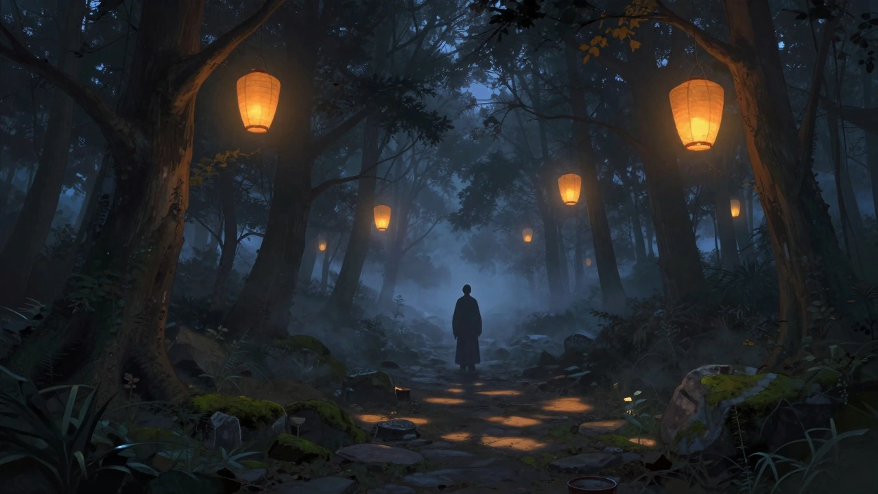 Glowing lanterns floating through a misty forest at twilight, faint figure in distance.