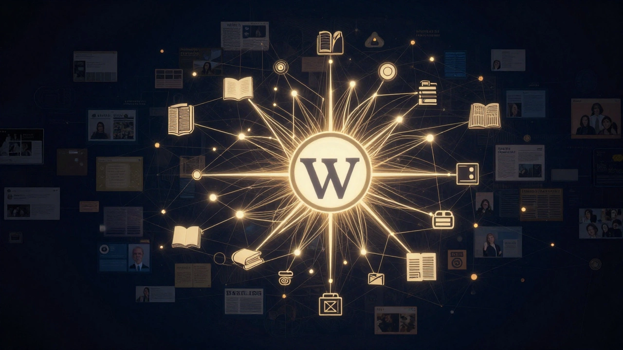 Glowing network of reliable sources connected to Wikipedia, with unreliable content fading away.