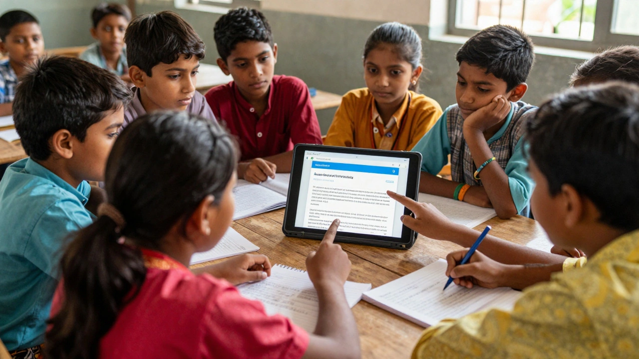 Group of students in a classroom gathering around a tablet viewing a Wikipedia article creation tool.