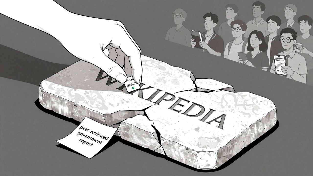 Hand adding citation fragments to a crumbling Wikipedia tablet, repairing it with peer-reviewed sources.