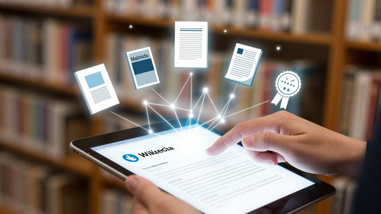 Hand clicking a Wikipedia link with glowing connections to scholarly references.