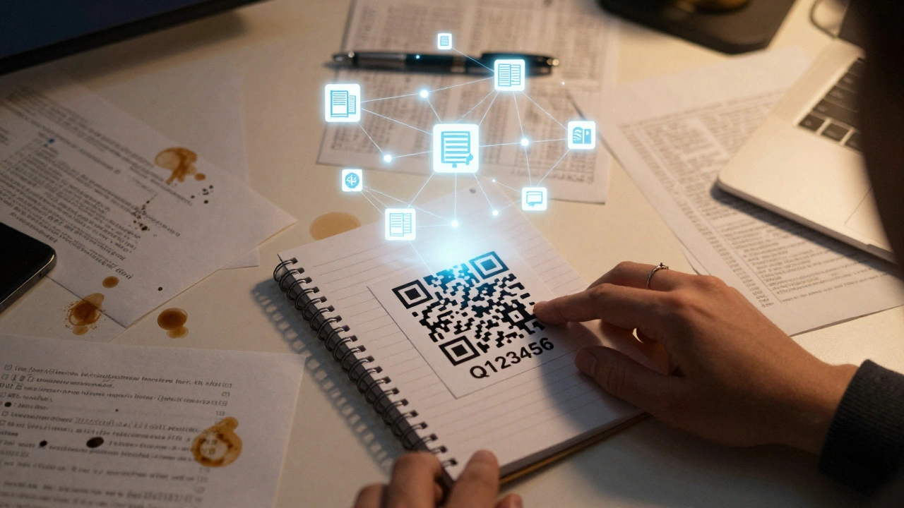 Hand placing a Wikidata QR code on a desk among scattered papers, with digital source icons rising above.